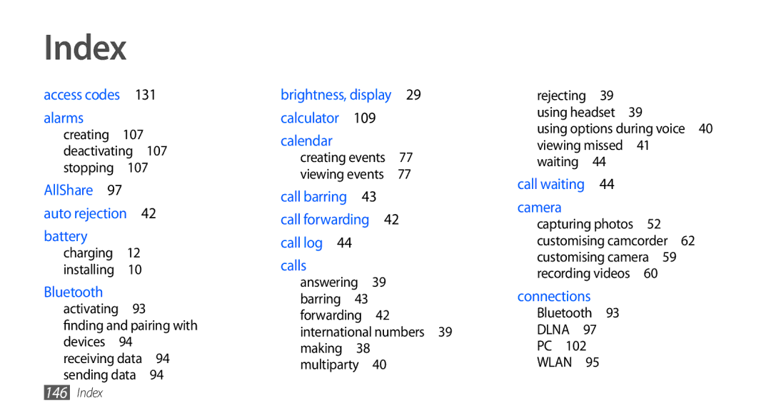 Samsung GT2I9001RWDGBL manual Index, Using options during voice 40 viewing missed 41 waiting , Bluetooth DLNA PC WLAN  